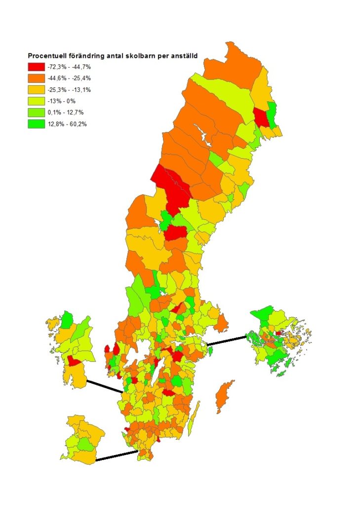 Procentuell förändring antal skolbarn per anställd