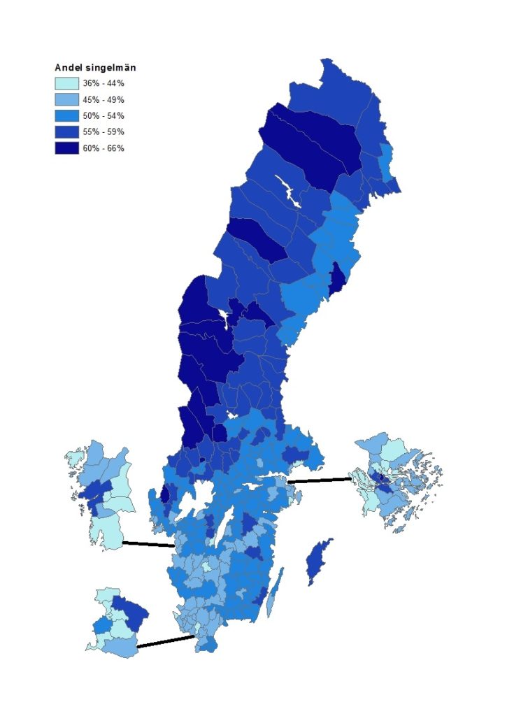 Andel singelmän 20 till 64 år