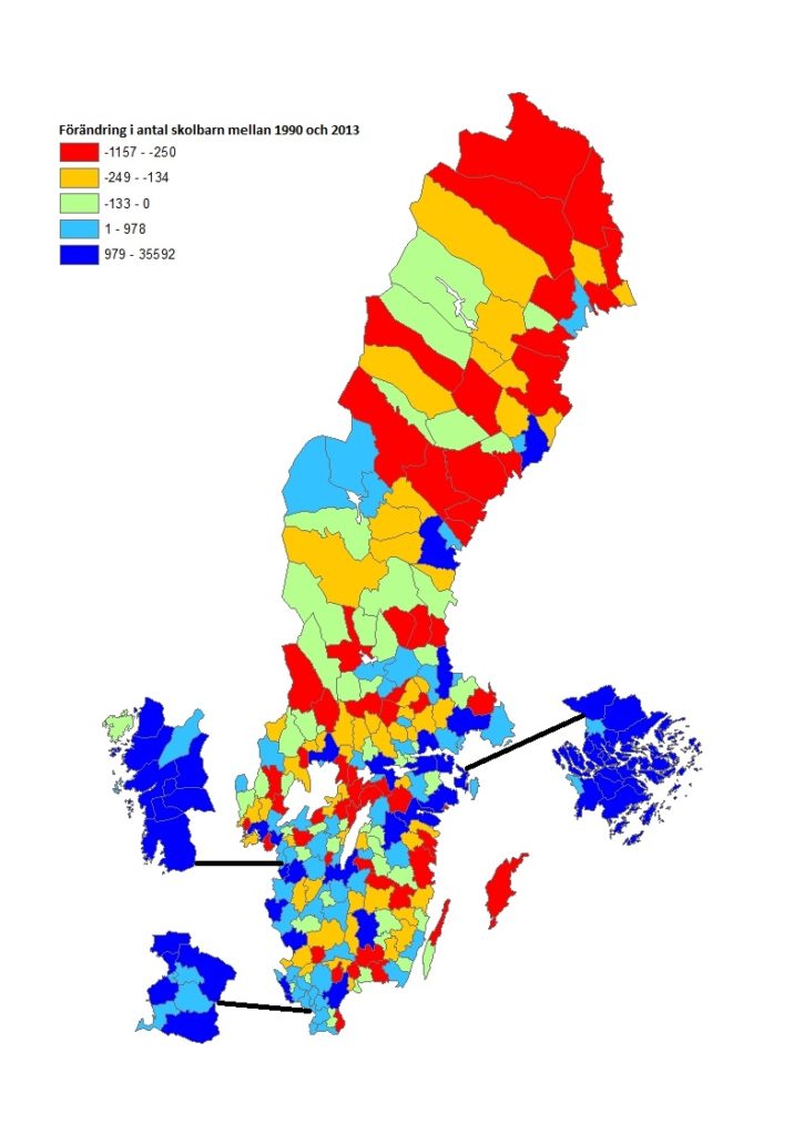 Förändring i antal skolbarn 1990 till 2013