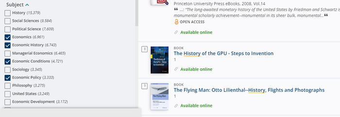 Screenshot from a result list in Primo. To the left, there are subjects to filter your search with. Economics, Economic history, Economic conditions and Economic policy are crossed out.