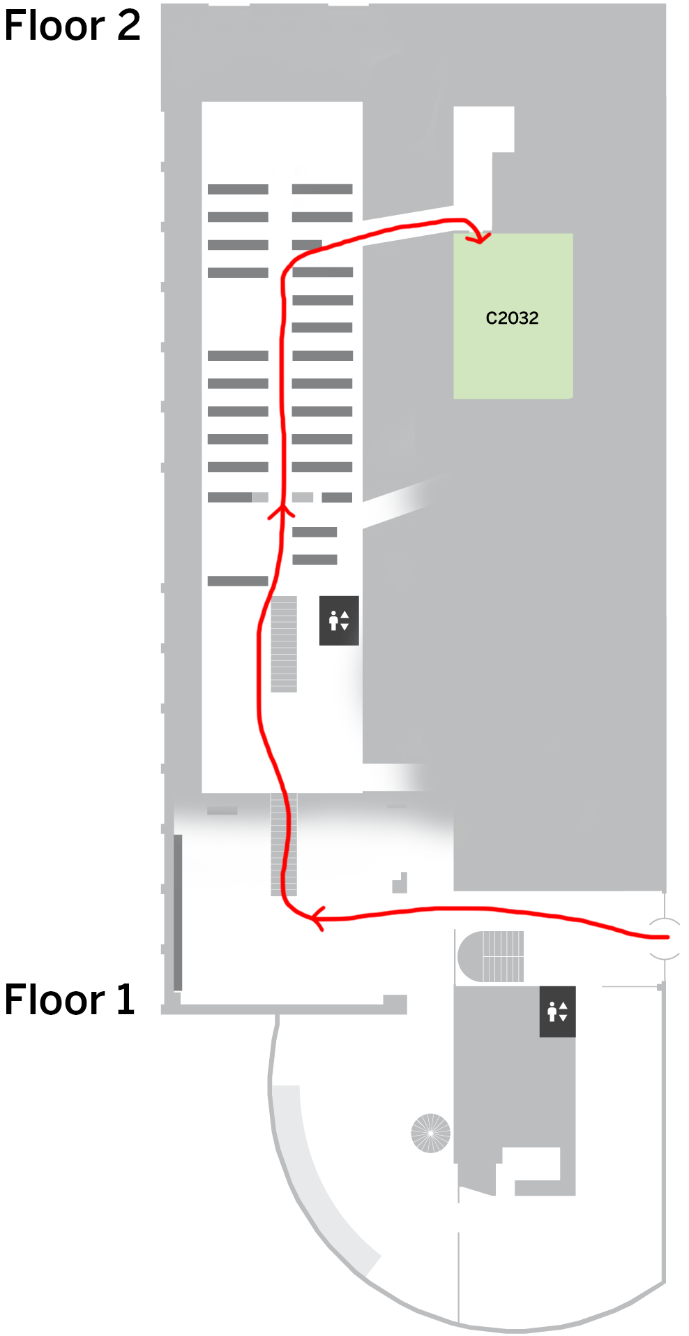 A map showing how to get from the entrance to room 2032 with a red line. The line enters at the entrance, goes into the library, and then turns right up the stairs to floor 2. After that, it follows the corridor between the bookshelves to the northern part of the library, where it turns right across the bridge.